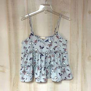 Altar’d State Blue Pink Butterfly Print Boho Flowy Tiered Ruffle Tank Top Sz S